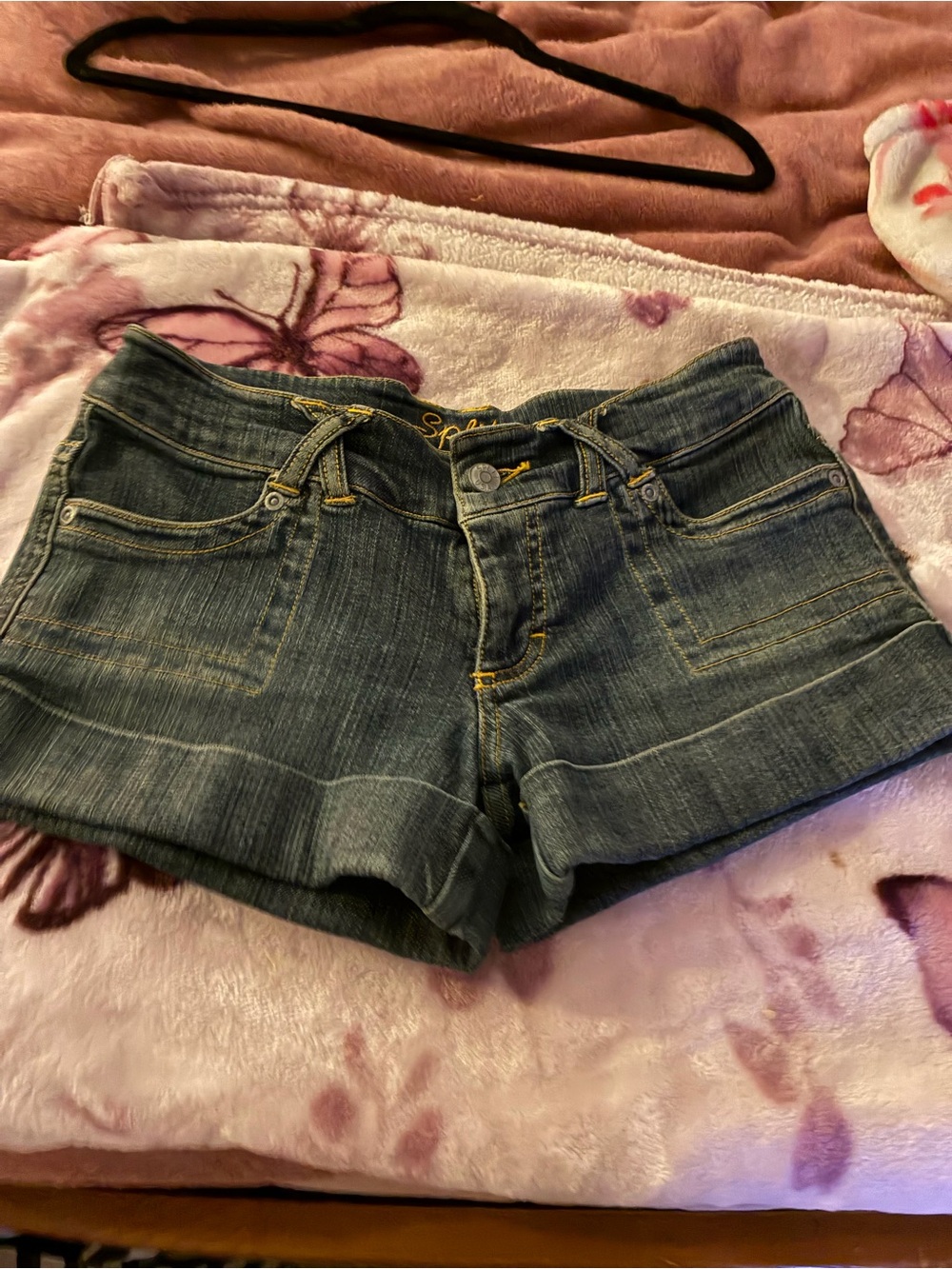 split Dark Blue Denim Jean Shorts with Folded Hem